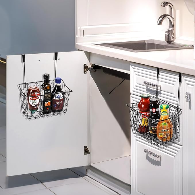 AVLA 2 Pack Over The Cabinet Door Organizer, Grid Storage Baskets with Hooks, Metal Wall Hanging Basket Holder Rack, Wire Kitchen Sink Organization Bin for Bathroom Shampoo, Body Wash - Image 6