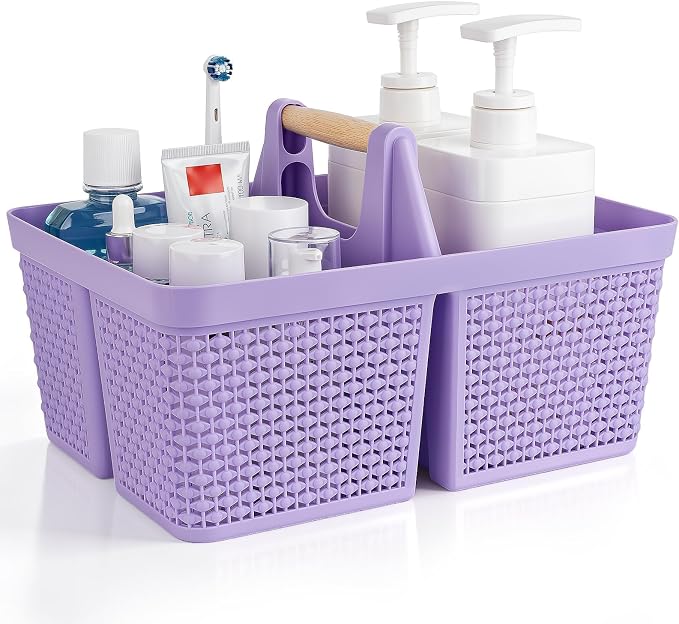 UUJOLY Portable Plastic Shower Caddy Basket with Wooden Handle, Purple | Divided Storage Organizer Tote for Bathroom, Dorm, College, Kitchen & RV – Lightweight, Easy-Carry Essentials Caddy by UUJOLY
