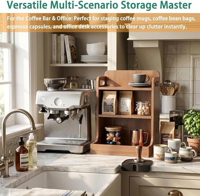Solid Wood 3-Tier Spice Rack Countertop Organizer Kitchen Storage Shelf | Sturdy wood desktop shelf for spices, coffee bars & bathroom vanities. Features portable handles & full back stability. - Image 8
