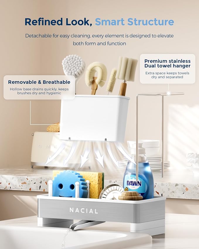 Nacial Kitchen Sink Organizer, Sink Caddy with Sponge & Tall Brush Holder | 304 Stainless Steel Kitchen Countertop Organizer with Double-Bar Towel Holder, Stores Sponge, Brush, Towel & Sink Essentials - Image 7
