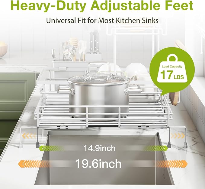 2-Tier Expandable Dish Drying Rack for Kitchen Counter, White | Large Capacity Dish Rack Organization, Heavy-Duty Carbon Steel, 17 lbs Capacity, Swivel Drain Spout & Cup Hooks - Image 4
