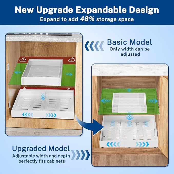 Insputer 1 Pack Pull Out Cabinet Organizer Expandable (12.4"-20.08")W & (16.26"-22.44")D, No Drill Slide Out Drawer with 3 Slide Rails, 2Pcs Magnetic Panel, Adhesive Roll Out Shelf for Kitchen, Pantry - Image 2