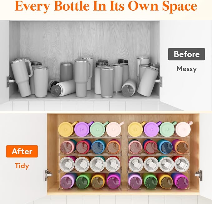 Lifewit Stackable Bottle Storage Organizer, Clear Freestanding Wine Holder for Cabinet, Large Slot Water Bottle Tumbler Organizer for Pantry, Plastic Wine Rack for Fridge Cellar, 4Tier Hold 16 - Image 9