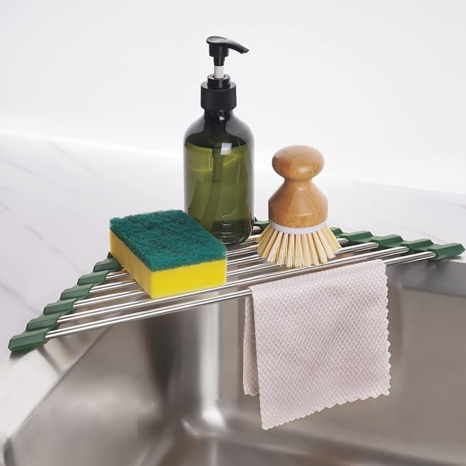 Tomorotec Triangle Roll-Up Dish Drying Rack for Sink Corner Small Foldable Stainless Steel Over The Sink Multipurpose Kitchen Drainer Caddy Organizer Storage Shelf Holder (Olive Green) | BPA-Free Food-Grade Silicone Edges Foldable Waterproof Rustproof ... by Tomorotec