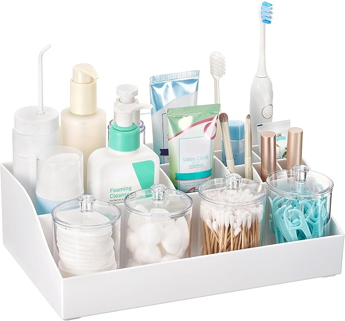 Vtopmart 5 PCS Bathroom Countertop Organizer Sets, White | 1 Divided Tray with 4 Qtip Holder Jars, For Toothbrush, Cotton Pads Balls, Floss, For Bathroom Countertop by Vtopmart