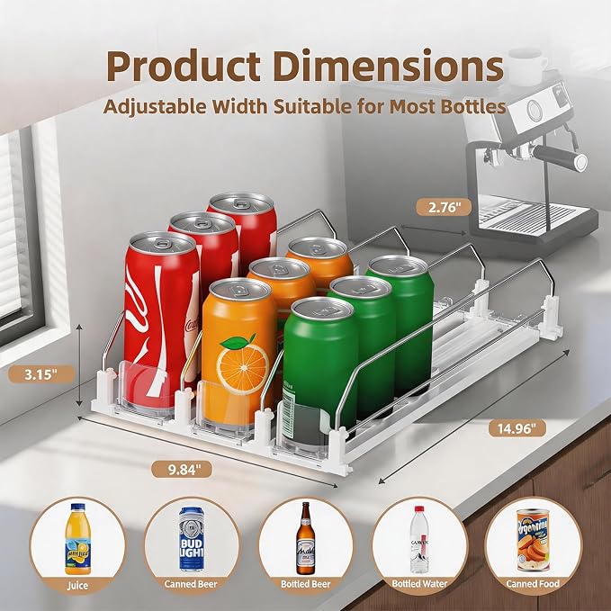 HIYOHIYO 3 Row Auto-Push Drink Organizer for Fridge, Depth 15" | Automatic Soda Can Dispenser, Adjustable Width, For Refrigerator Supermarket Shelf Storage - Image 2