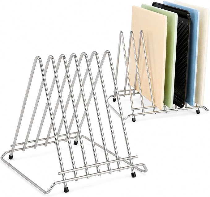 Stainless Steel Cutting Board Holder, 6-Slot Countertop Stand | 304 stainless steel, 6-slot organizer, heavy-duty, fits boards up to 1.4in (3.7cm) thick, not for pot lids by GlamChi