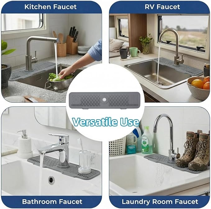 Silicone Faucet Handle Drip Catcher Beveled Drying Tray Mat Dish Soap Sponge Holder Accessories Gadgets for Kitchen Counter Bathroom Kitchen Sink Splash Guard (24") - Image 4