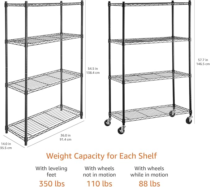 Amazon Basics 4-Shelf Heavy Duty Garage Shelving Storage Unit on 3" Wheel Casters, Adjustable Metal Wire Rack with Leveling Feet, 36" x 14" x 57.75", Black - Image 3