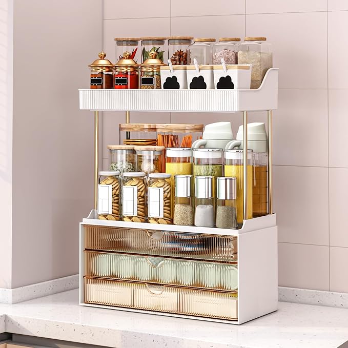 3-Drawer 2-Tier Acrylic Makeup & Bathroom Vanity Organizer | Amber,3 smooth drawers, 2 open shelves, dustproof, wipe clean, for large skincare, perfumes, lipsticks, dresser, counter - Image 8