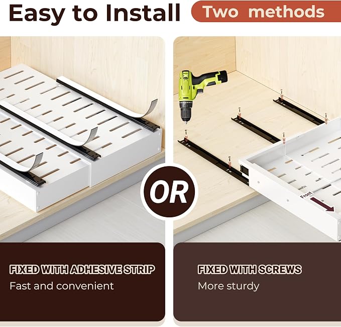 1 Pcs Pull Out Cabinet Organizers, Width (12"-19") and Depth (17"-23") Expandable With 3 Slides, No Drill Slide out Drawers Adhesive Film or Nail Cabinets Without Lip in Kitchen, Bathroom - Image 5