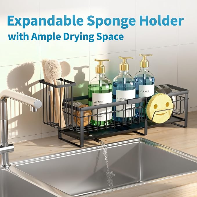 Extra Large Extendable Sponge Holder for Kitchen Sink Caddy Organizer | Rustproof Sink Caddy Organizer with High Brush Holder, Dish Soap Dispenser Organizers and Storage (Black) - Image 5