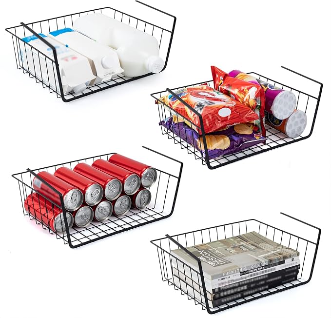 4Pcs Under Shelf Basket Metal Wire Under Cabinet Basket for Kitchen Pantry | Under Shelf Storage Basket Slides Under Shelves for Storage Space Saving for Kitchen Pantry Closet Office 22 lb Capacity by ELEATTRUN