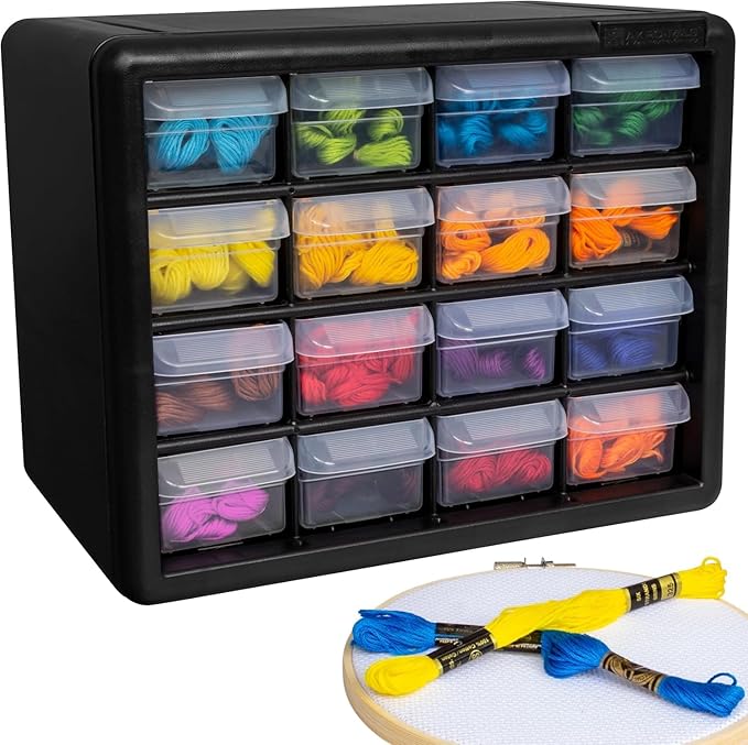 Akro-Mils 16-Drawer Plastic Storage Cabinet, 10.5"W x 6.5"D x 8.5"H, Black | Plastic Cabinet w/ Drawers for Garage Organization, Beads, Makeup Organizer, Building Bricks Storage, Teacher Toolbox, 10116 - Image 11