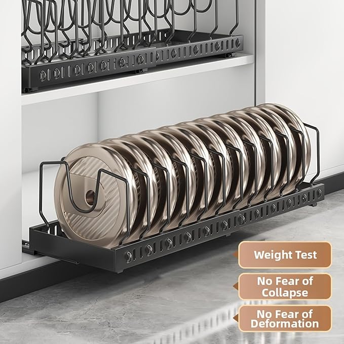 pots and pans organizer under cabinet,pot lid organizers inside cabinet holders for kitchen,Horizontal and vertical pulling modes,cast iron storage (Black Vertical pull-out) - Image 4