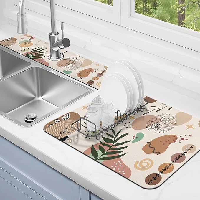 Dish Drying Mat for Kitchen Counter Matt, 2PCS 19"x12" Dish Drainer Mat & 24"x5.5" Sink Splash Guard, Super Absorbent Non-slip Rubber Backed by Kuyig+Home
