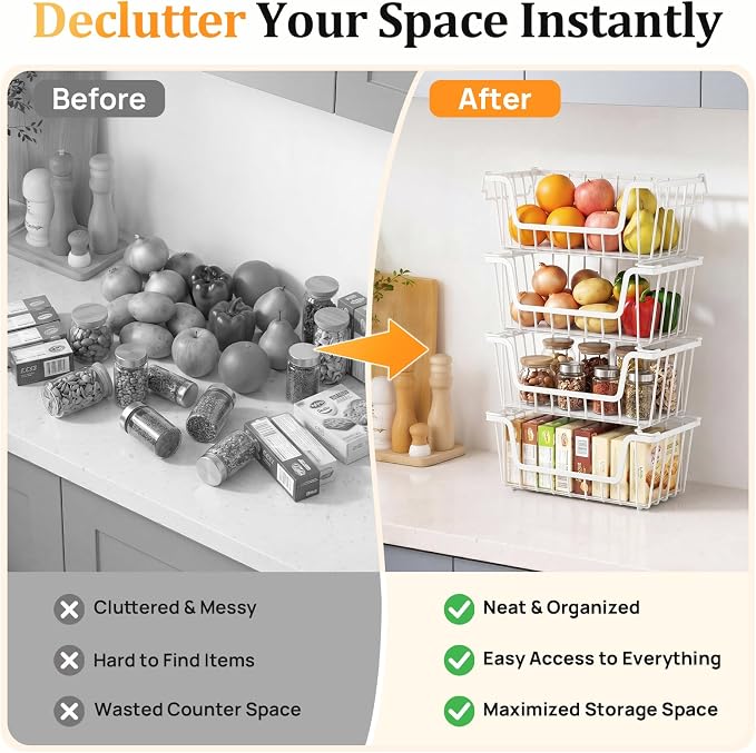 SUNALLY Stackable Storage Bins 4 Pcs Wire Baskets Freezer Organizer, White | Pantry Organizers Storage, Vegetable Fruit Storage Basket for Countertop, Kitchen Baskets for Onion Potato Snack Cans Storage - Image 6