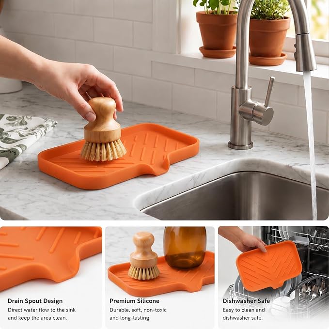 MicoYang Silicone Soap Dish with Drain Spout — Self-Draining Sink Organizer Tray for Bathroom & Kitchen, Sponges, Dispensers & Soap Holder, Non-Slip & Dishwasher Safe, Orange (Medium, 9.6"×5.3") - Image 4