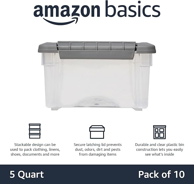 Amazon Basics Plastic Storage Containers with Secure Latching Lids, Stackable Organization Bins, Clear/Grey, 5 Quart, Set of 10 - Image 2