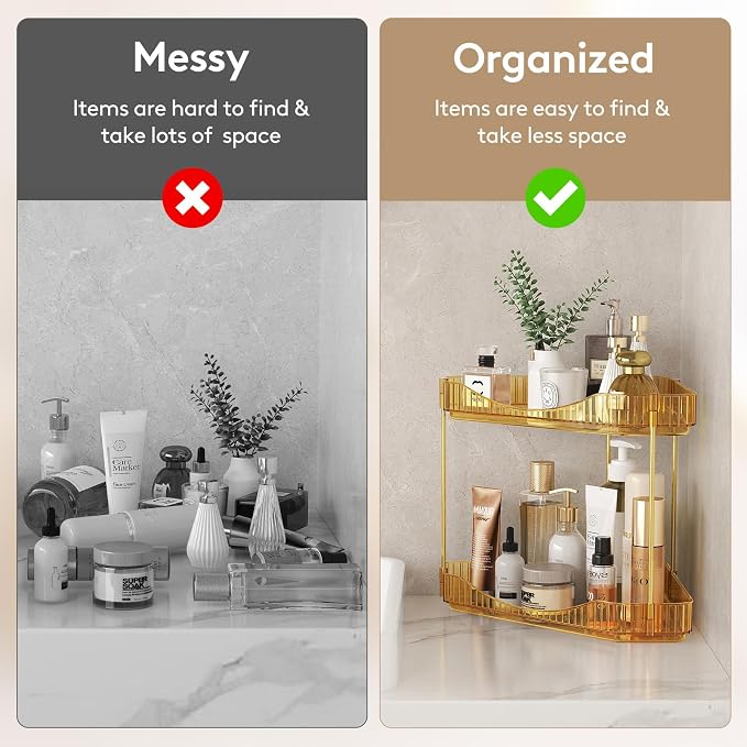 Lifewit 2 Tier Corner Bathroom Counter Organizers and Storage, Golden | Plastic Makeup Skincare Organizers Countertop, Large Sink Cosmetic Perfume Shelf for Bedroom, Dresser, Kitchen, Vanity - Image 4