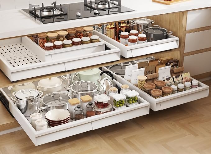Seinloes Pull Out Cabinet Organizer, 4-Side Expandable to Fit Most Cabinets, 3 Rail Slide Out Drawers with Raising Pad for Framed & Frameless Cabinets, 15"-25" W x 17"-24" D, White, 4 Pack by Seinloes