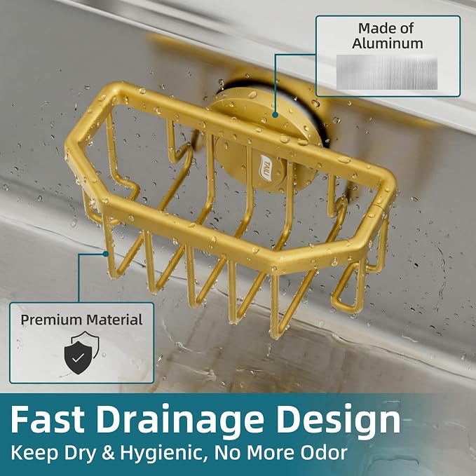 TAILI Sponge Holder for Kitchen Sink with Strong Suction Cup-Gold | Removable Sink Caddy for Kitchen Sink Oganizer, Rustproof Aluminum Sink Sponge Holder for Scraper Brushes, Stoppers - Image 4