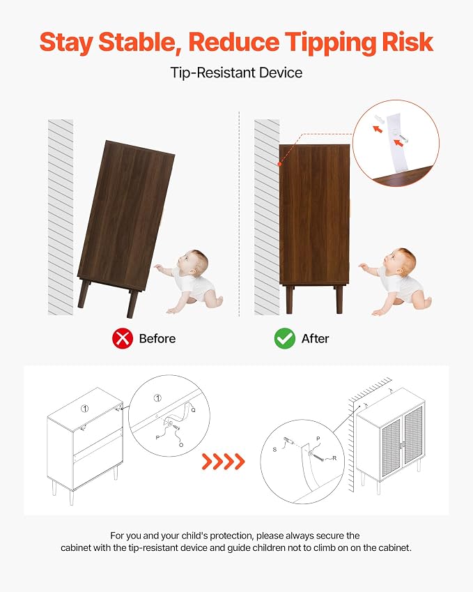 VEVOR Rattan Cabinet, Rattan Storage Cabinet with 2 Magnetic Doors and Adjustable Shelves, Accent Sideboard Buffet with Wooden Legs & Power Cord Hole for Hallway, Entryway, Living Room, Kitchen, Brown - Image 7