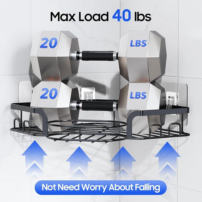 Corner Shower Caddy, Rustproof Shower Organizer with Soap Holder and 8 Hooks, No Drilling Adhesive Shower Shelves for Inside Shower, Large Capacity Shower Rack for Bathroom Shower Storage, Black - Image 3
