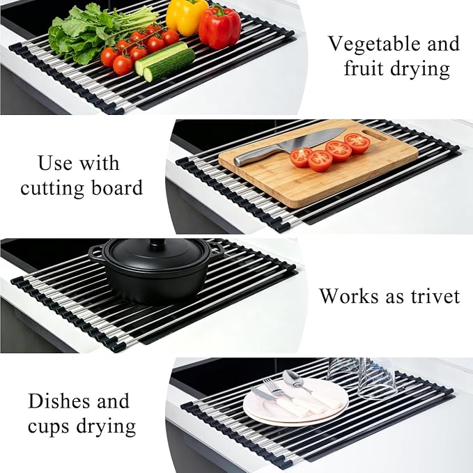 Roll Up Dish Drying Rack 17.5''x15.7'' Black | Kitchen Rolling Dish Drainer, Foldable Sink Rack Mat Stainless Steel Wire Dish Drying Rack for Kitchen Sink Counter Storage - Image 5