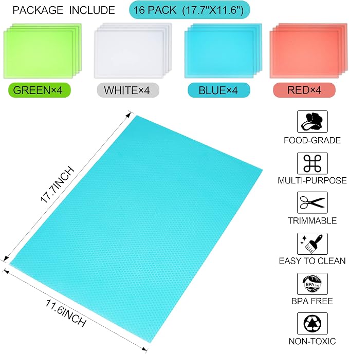 16 Pcs Refrigerator Liners Mats Washable, Refrigerator Mats Liner Waterproof Oilproof, Shinywear Fridge Liners for Shelves, Cover Pads for Freezer Glass Shelf Cupboard Cabinet Drawer (4 Color Mixed) - Image 2