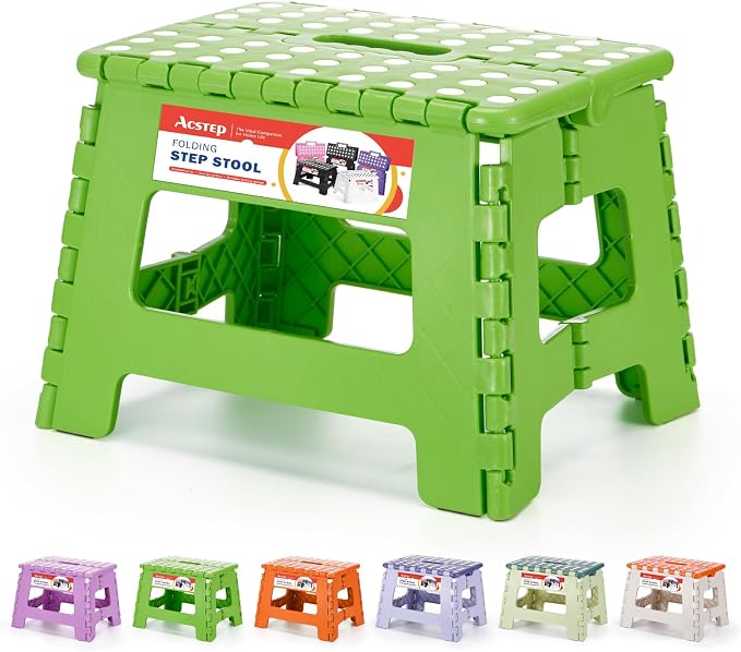 Folding Step Stool 9 Inch for Kids and Adults, 300 lbs, Green | Lightweight Plastic Small Foldable Step Stool with Handle, Non-Slip, for Kitchen, Bathroom, Bedroom and Closet by ACSTEP