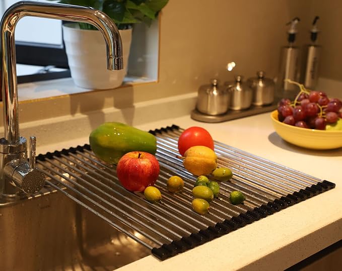 Ahyuan Roll up Dish Drying Rack Over The Sink Kitchen Roll up Sink Drying Rack Portable Dish Drainer Foldable Dish Drying Rack (Black, 17.8''X15.8'') - Image 2