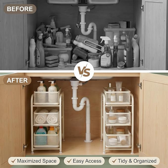 3 Tier Under Sink Organizer, Pull Out Cabinet Storage Organizer with Sliding Mesh Drawers, Heavy Duty Metal Under Sink Storage for Kitchen, Bathroom, Cabinet, Small Space, White, 1 Pack - Image 9