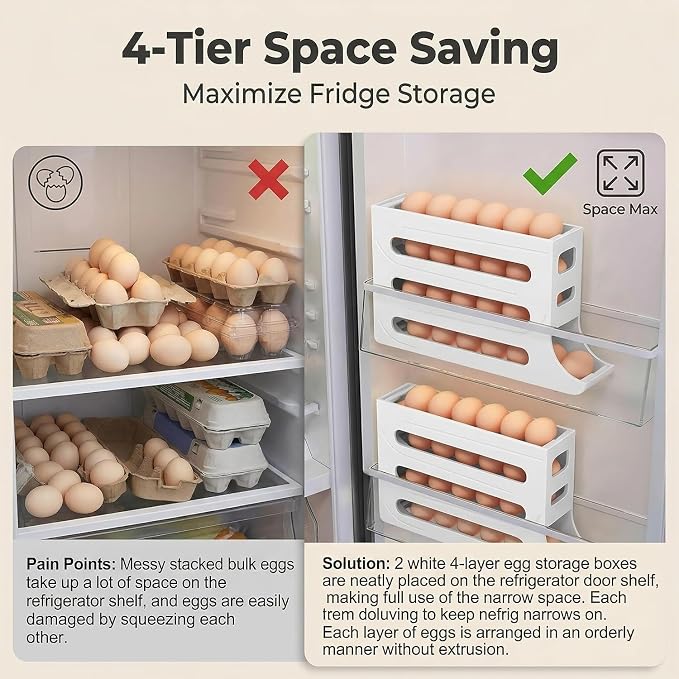 28 Egg Holder for Fridge, 4-Tier Auto Rolling Egg Organizer for Refrigerator, Gravity Slide Dispenser Rack, Space-Saving Storage (White) - Image 5