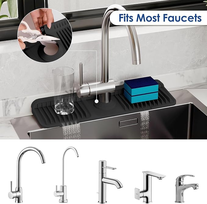 17.7-Inch Silicone Faucet Mat for Kitchen Sink Splash Guard, 7° Slope | 17.7"x5.5" water draining mat with fasten button; 1.6-2.75" customizable hole for bathroom, RV & kitchen sink drip catcher. - Image 4