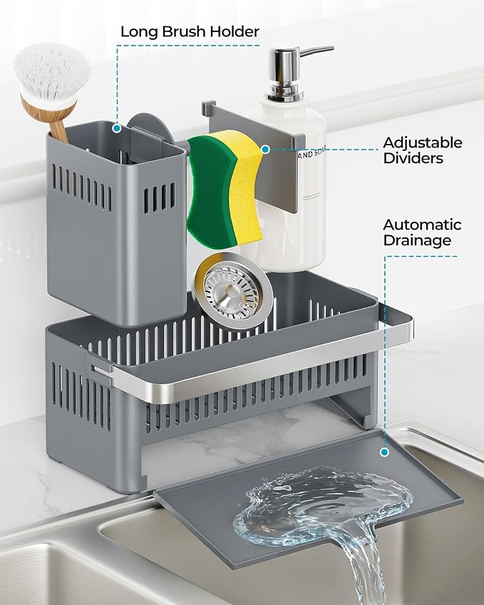 Nieifi Sponge Holder, Grey Rustproof ABS Sink Caddy with Towel Rack | Smiley Sponge and Brush Holders with Drainage to Keep Items Dry. 10"L x 4.5"D. Kitchen Counter Organizer & Essential Storage. - Image 6