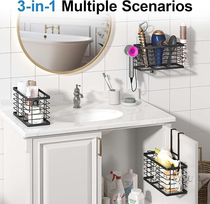 2026 Upgraded 3-in-1 Universal Hair Tool Organizer, XL Size, Black | Adjustable Height Metal Hair Dryer Holder, Wall Mounted, Over Cabinet Door, Countertop, Bathroom Storage - Image 5