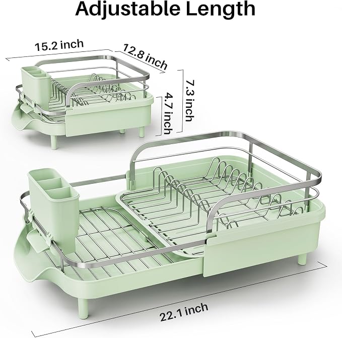 SNTD Expandable Dish Drying Rack for Kitchen Counter, 15.2-22.1 in, Green | Rust-Resistant Stainless Steel, Protective Side Rails, Self-Draining Drainboard, Removable Utensil Holder - Image 2