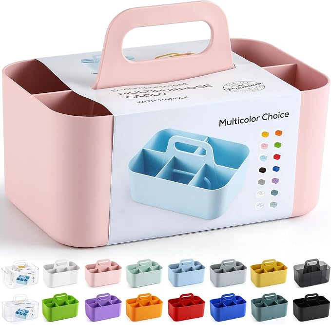 Multiuse Caddy Organizer with Handle, Portable Divided Plastic Tote Bin - Art Craft, Stationary Pen Marker Crayons, Makeup Hair Supplies Storage - Bathroom, Classroom, Dorm, Office, Desk Holder - Pink - Image 8