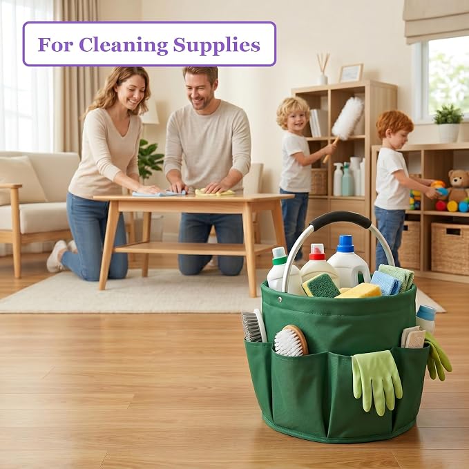 17L Cleaning Caddy with Handle, 600D Oxford Cleaning Supply Caddy with 6 Pockets, Foldable Tool Bucket Organizer for Housekeeping, Gardening, Car Detailing, Traveling, Camping, Green - Image 5