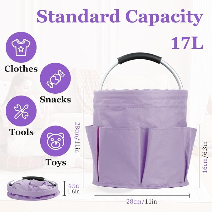 17L Purple Shower Caddy for Women, Foldable Cleaning Caddy with Handle and 6 Pockets, 600D Oxford Fabric Garden Tool Bag, Multifunctional Storage Basket for College, Dorm, Family, Purple - Image 2