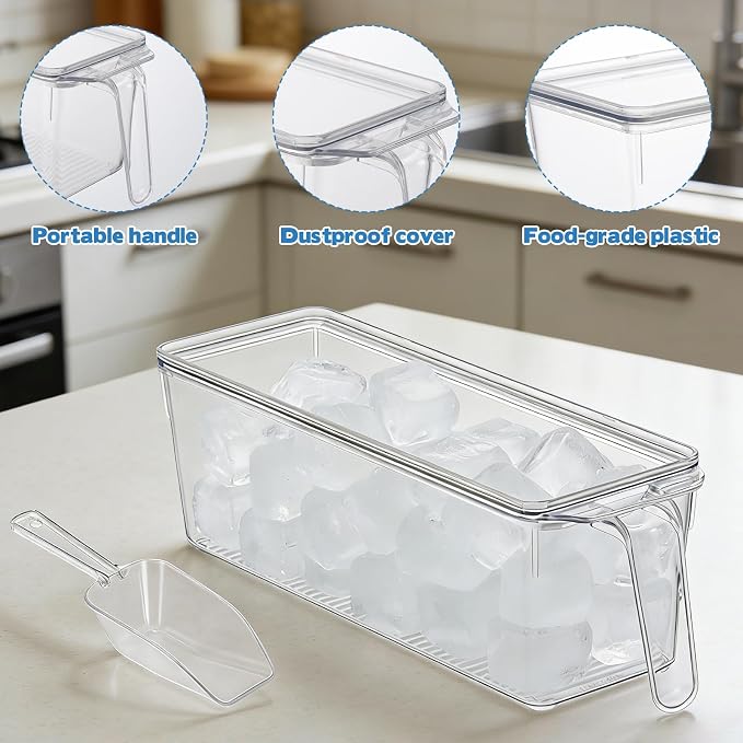 2 Set Ice Bin for Freezer with Lid and 2 Scoop Set Plastic Freezer Ice Bin with Pull-Out Handle Clear Storage Bucket Kitchen Food Storage Organizer for Home Office Fridge Kitchen, 11.4*3.7*3.8inch - Image 3