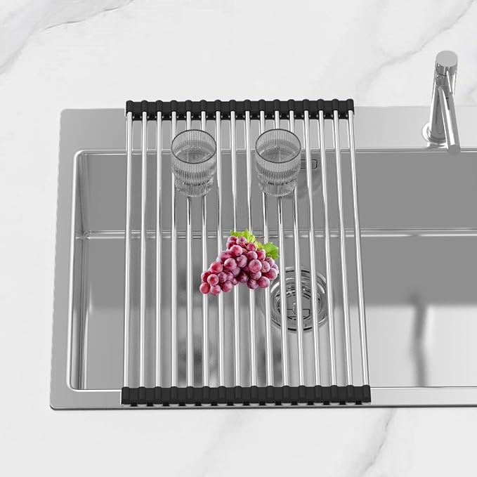 Extra Large Expandable Roll Up Dish Drying Rack,Over The Sink Drying Rack Sink Cover Kitchen Sink Accessories Kitchen Rolling up Stainless Steel Drainer, Foldable,Rollable（Black，22.8''-12.4''） - Image 6