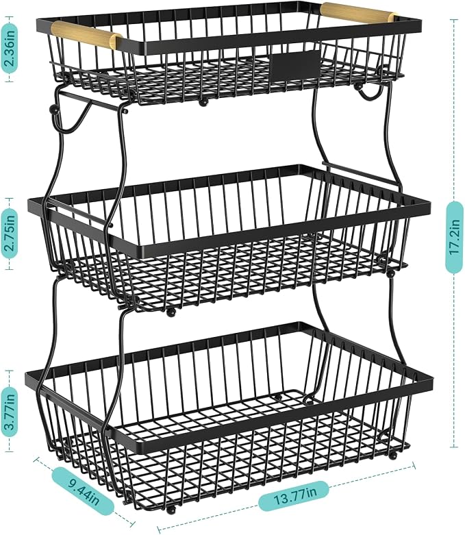 3 Tier Fruit Basket for Kitchen Counter with 2 Banana Hangers, Countertop Metal Fruit Bowl with Wooden Handle, Large Storage Stand for Vegetables, Snacks, Breads, Produce Storage – Black - Image 7
