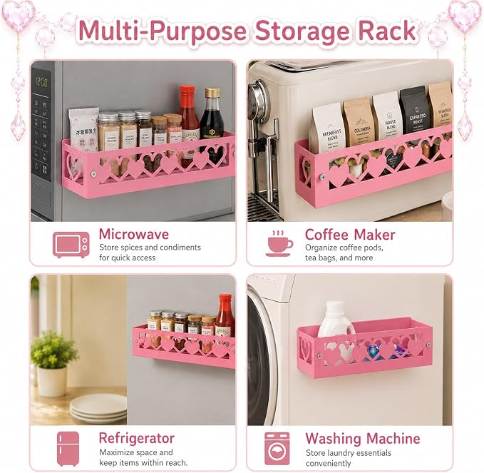OYEFLY Pink Heart Magnetic Spice Rack for Refrigerator, Metal Magnetic Shelf Basket, Cute Fridge Organizer and Storage, Pink Kitchen Accessories for Spice Storage, Cabinet or Laundry Room (2) - Image 4