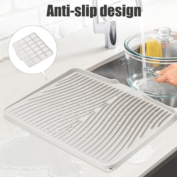 TIKNIK Silicone Dish Drying Mat for Kitchen Counter, Cream-1pcs, 16" x 12" | Heat Resistant & Non-Slip Dish Drain Pad with Built-In Drain, Dishwasher Safe, Quick-Dry, Hangable & Roll-Up for Storage - Image 3