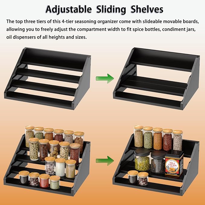 Solid Wood Spice Rack Organizer for Countertop & Cabinet, 4 Tier Adjustable Wooden Spice Shelf with Sliding Track, Premium Step Seasoning Bottle Holder for Kitchen, Cupboard, Pantry & Office, Black - Image 5