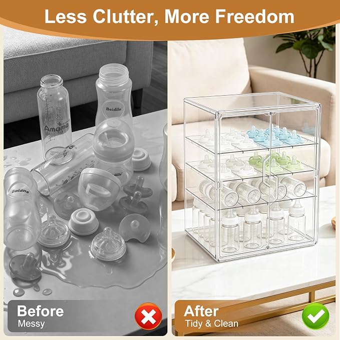 ERTIUANIO Baby Bottle Organizer for Countertop Cabinet Storage | 4 Tier Adjustable Clear Acrylic Station Container with 3 Removable Dividers for Vanity, Bathroom, Nursery, Gifts for New Mom - Image 3