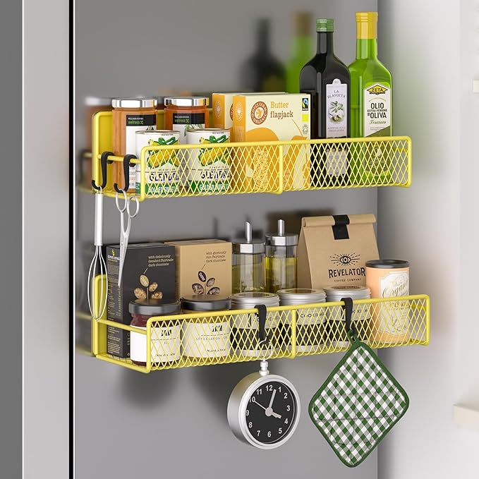 Magnetic Spice Rack for Refrigerator, 2 Pack 100% Metal Strong Magnet Shelf, Space Saving Spice Organizer W/ Hooks, Movable Magnetic Fridge Shelf, Kitchen Home Laundry Room Storage Organization,Yellow by DTUQYX