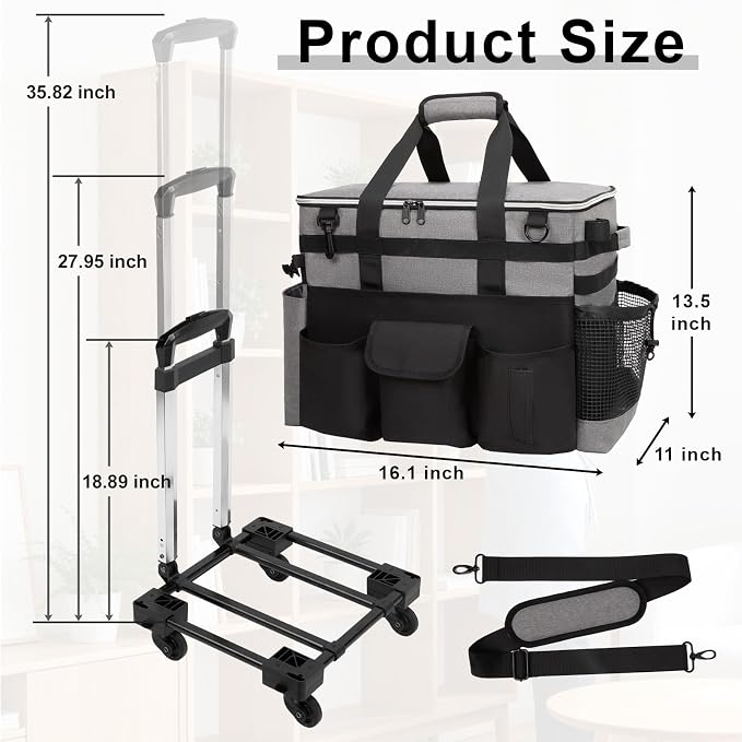 Large Rolling Cleaning Caddy with Wheels, Cleaning Supplies Organizer | With Detachable Trolley, Water-resistant Cleaner Cart for Housekeepers, Multi Pocket Cleaning Cart with Strap, Gray - Image 2